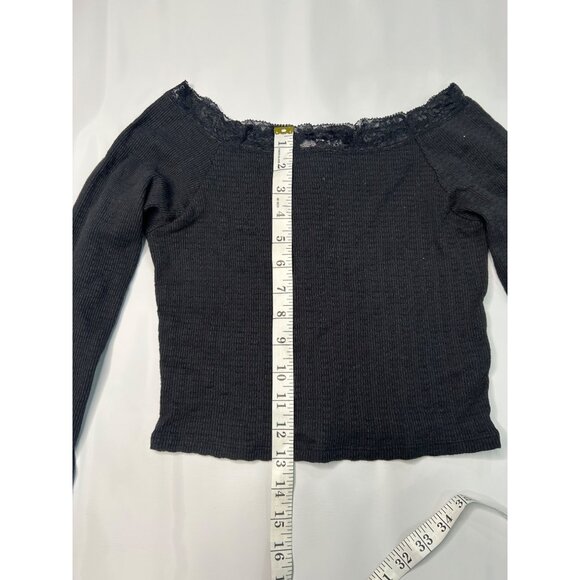 Off-Shoulder Black Crop Top Outlaw Womens L Ribbed Knit Long Sleeve - Picture 8 of 8